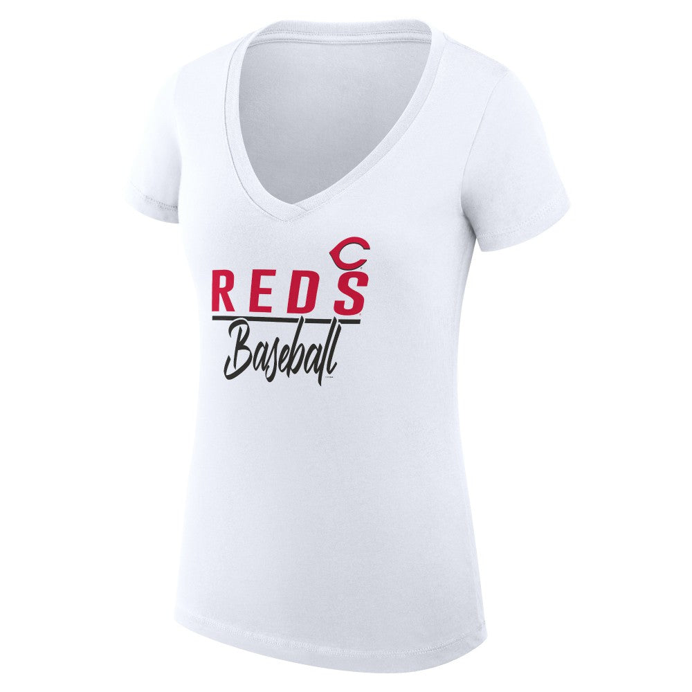 White Cincinnati Reds G-III 4Her by Carl Banks Women's Super-Slim Fit Lightweight Team Graphic V-Neck T-Shirt