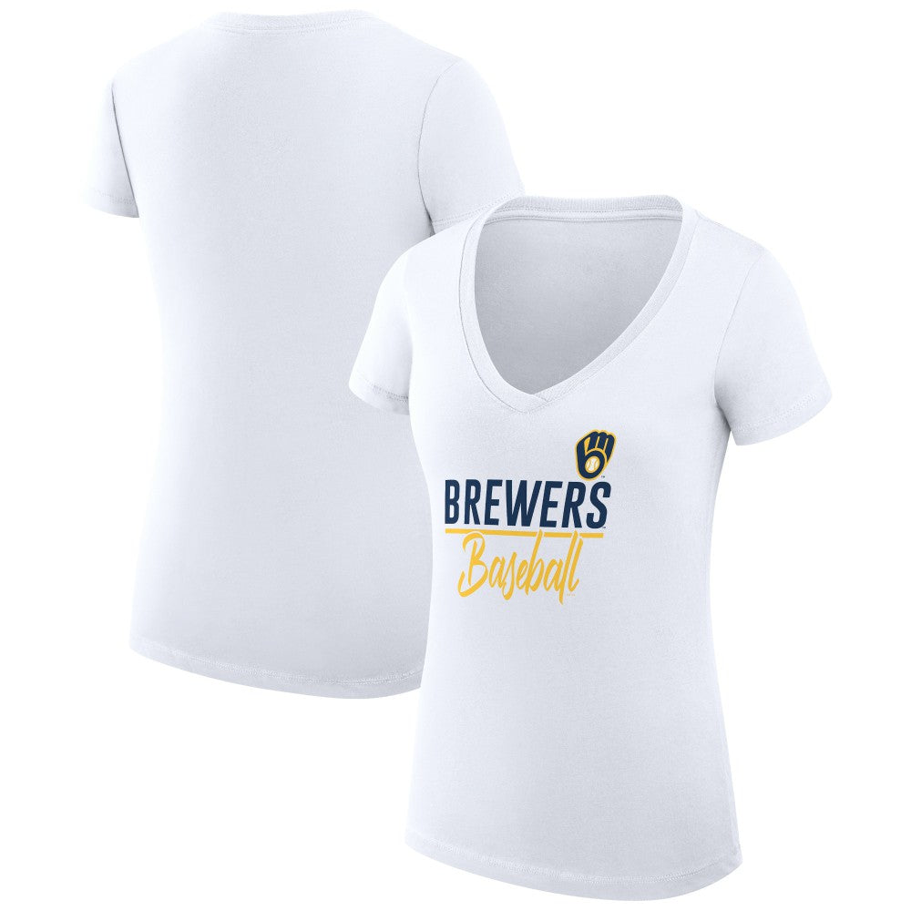 White Milwaukee Brewers G-III 4Her by Carl Banks Women's Super-Slim Fit Lightweight Team Graphic V-Neck T-Shirt