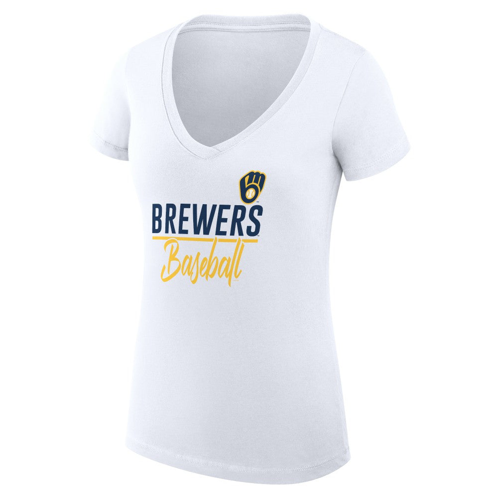 White Milwaukee Brewers G-III 4Her by Carl Banks Women's Super-Slim Fit Lightweight Team Graphic V-Neck T-Shirt