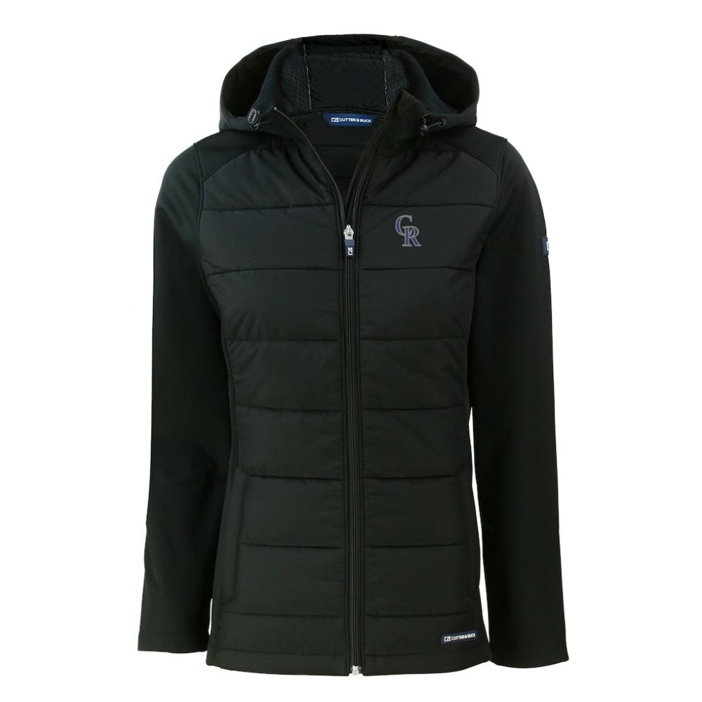 Black Colorado Rockies Cutter & Buck Women's Evoke Hybrid Eco Softshell Recycled Full-Zip Hoodie Jacket