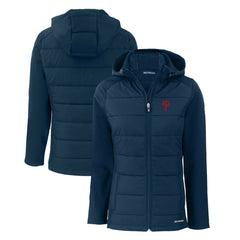Navy Philadelphia Phillies Cutter & Buck Women's Evoke Hybrid Eco Softshell Recycled Full-Zip Hoodie Jacket