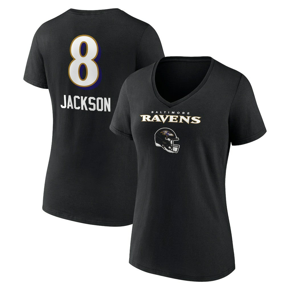 Lamar Jackson  Women's Team Wordmark Name & Number V-Neck T-Shirt - Baltimore Ravens T-shirts