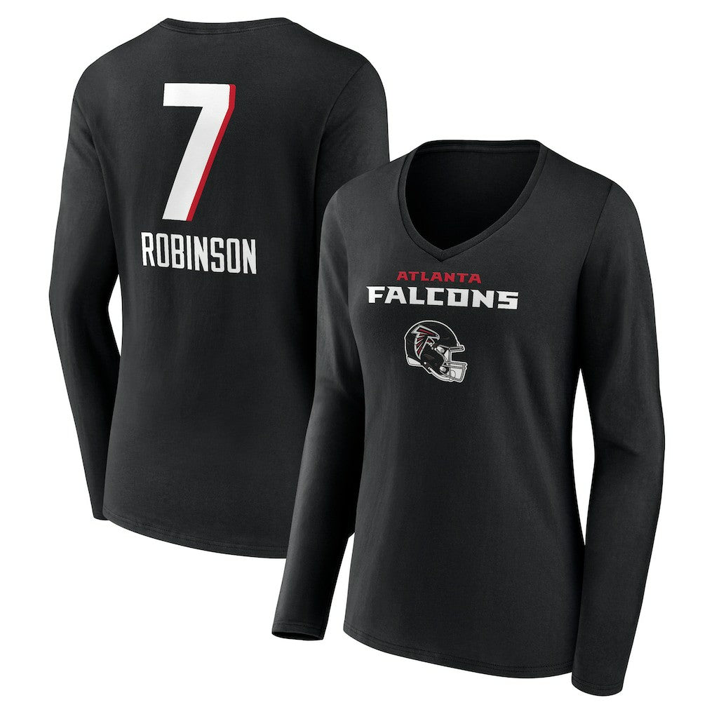 Bijan Robinson  Women's Team Wordmark Name & Number Long Sleeve V-Neck T-Shirt - Atlanta Falcons T-shirts