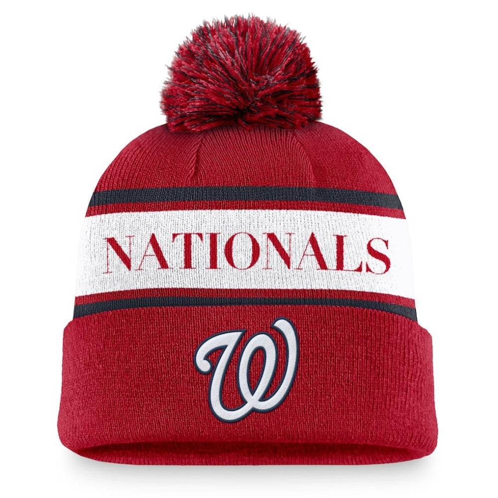 Red Washington Nationals Nike Team Stripe Peak Cuffed Knit Hat with Pom