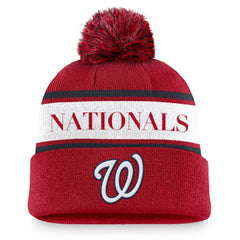 Red Washington Nationals Nike Team Stripe Peak Cuffed Knit Hat with Pom