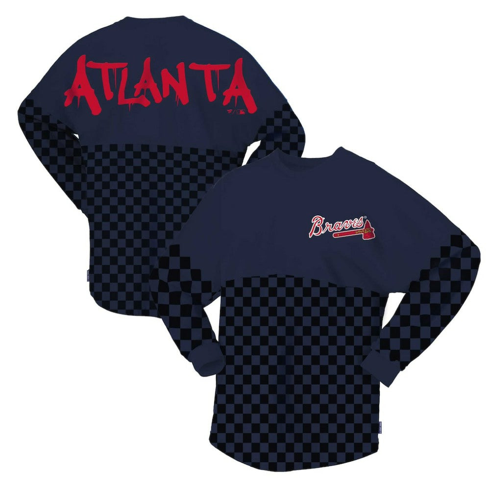 Navy Atlanta Braves Fanatics Women's Checker Print Long Sleeve T-Shirt