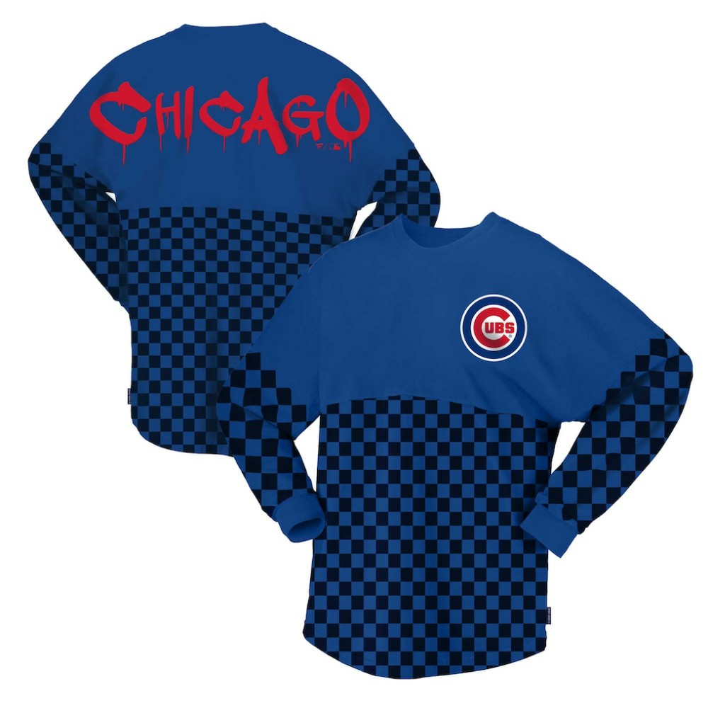 Royal Chicago Cubs Fanatics Women's Checker Print Long Sleeve T-Shirt