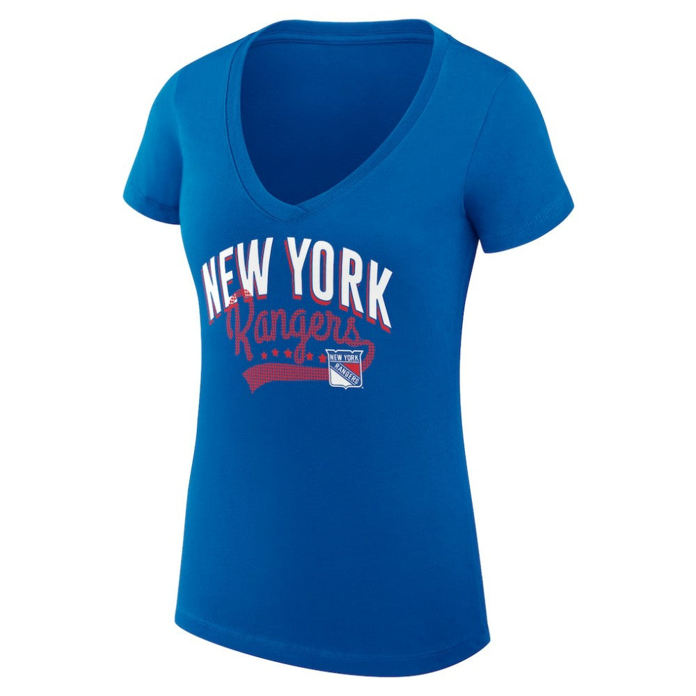NHL New York Rangers G-III 4Her by Carl Banks Women's Super-Slim Fit Lightweight Filigree Logo V-Neck T-Shirt – Blue