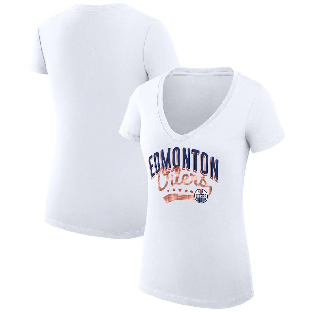 NHL Edmonton Oilers G-III 4Her by Carl Banks Women's Super-Slim Fit Lightweight Filigree Logo V-Neck T-Shirt – White