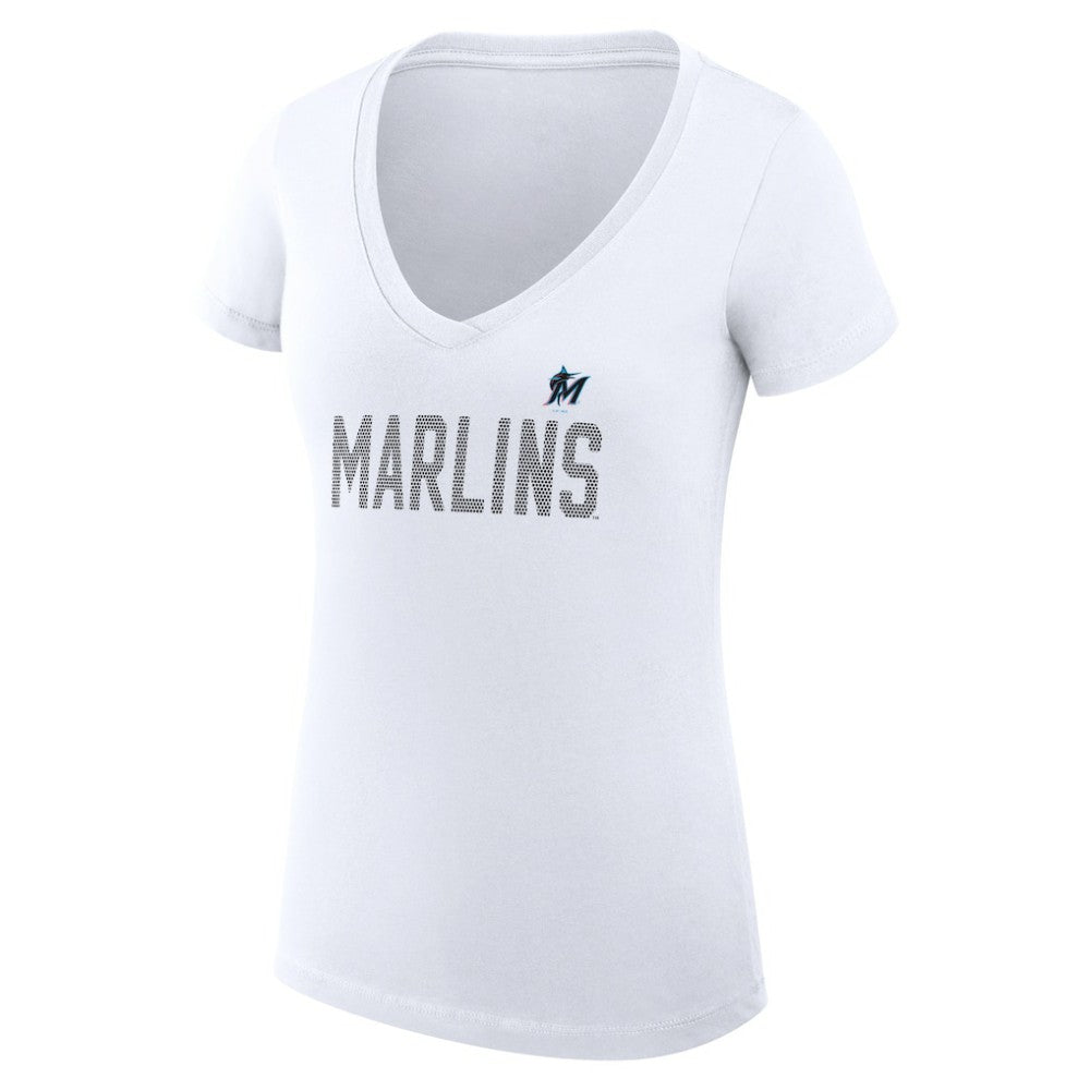 White Miami Marlins G-III 4Her by Carl Banks Women's Super-Slim Fit Lightweight Dot Print V-Neck T-Shirt