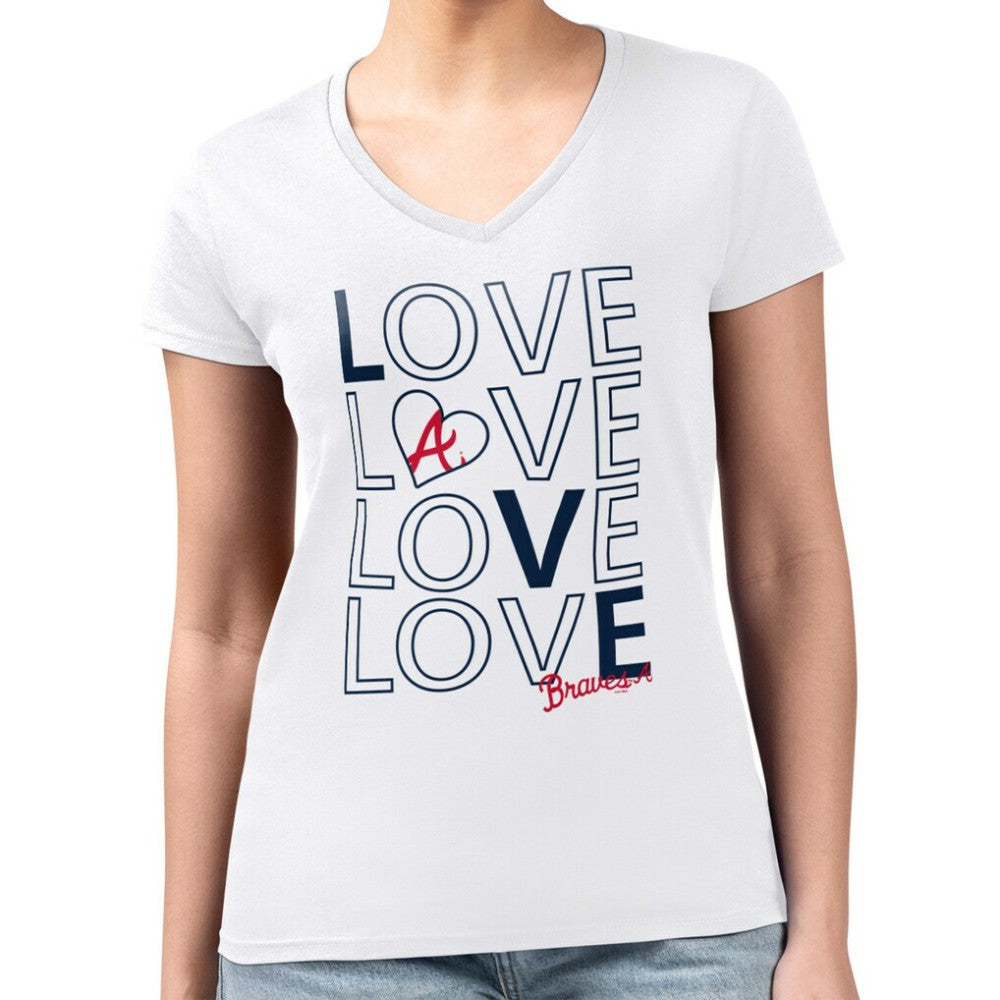 White Atlanta Braves G-III 4Her by Carl Banks Women's Super-Slim Fit Lightweight Love Graphic Team V-Neck T-Shirt