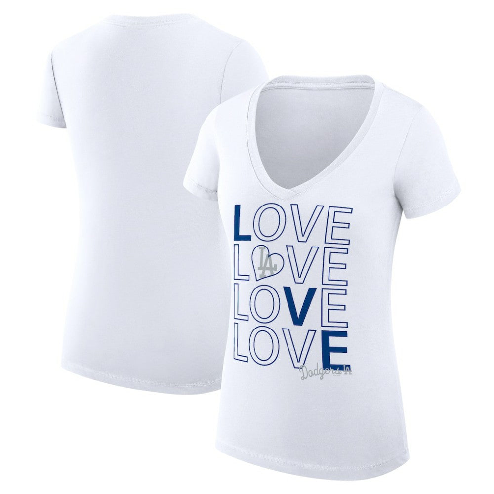 White Los Angeles Dodgers G-III 4Her by Carl Banks Women's Super-Slim Fit Lightweight Love Graphic Team V-Neck T-Shirt