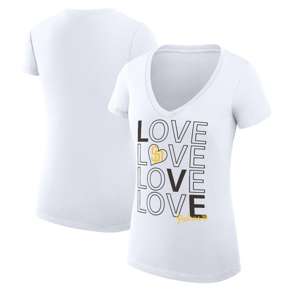 White San Diego Padres G-III 4Her by Carl Banks Women's Super-Slim Fit Lightweight Love Graphic Team V-Neck T-Shirt