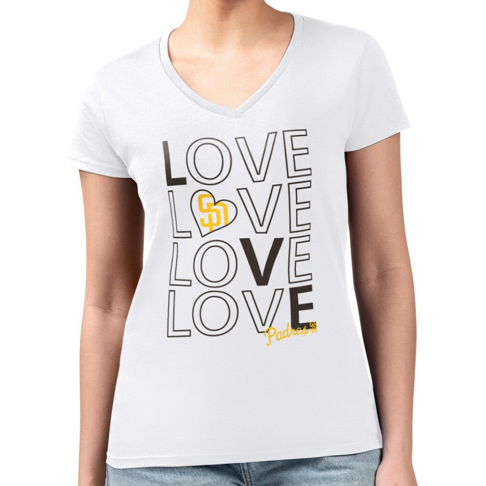 White San Diego Padres G-III 4Her by Carl Banks Women's Super-Slim Fit Lightweight Love Graphic Team V-Neck T-Shirt