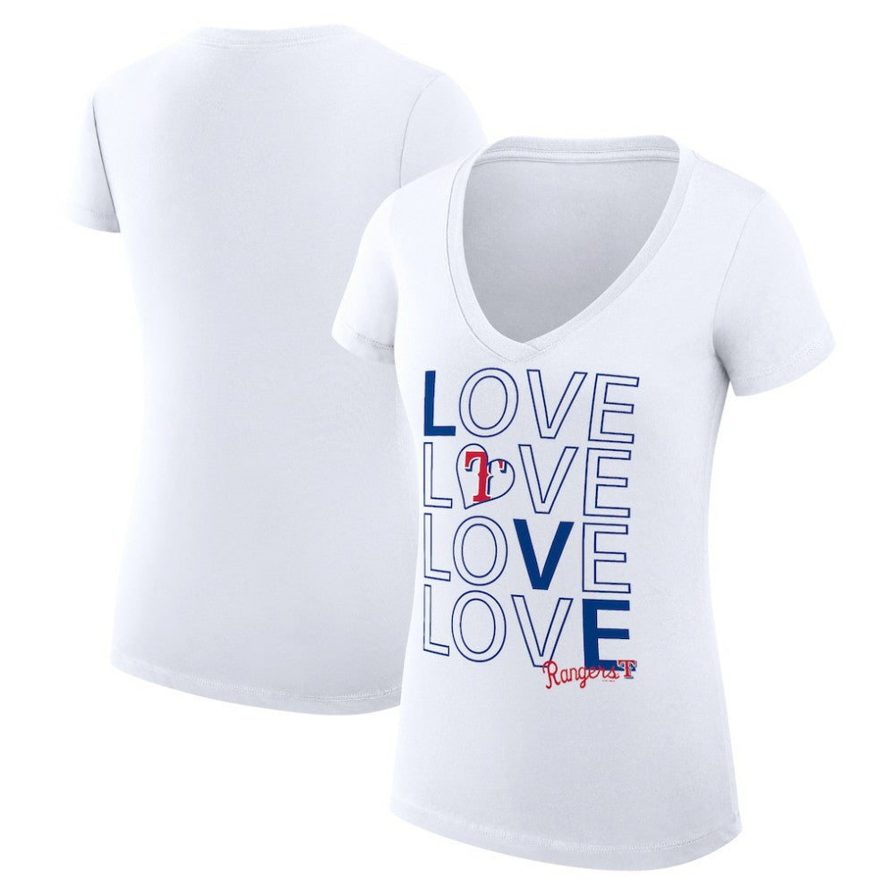 White Texas Rangers G-III 4Her by Carl Banks Women's Super-Slim Fit Lightweight Love Graphic Team V-Neck T-Shirt