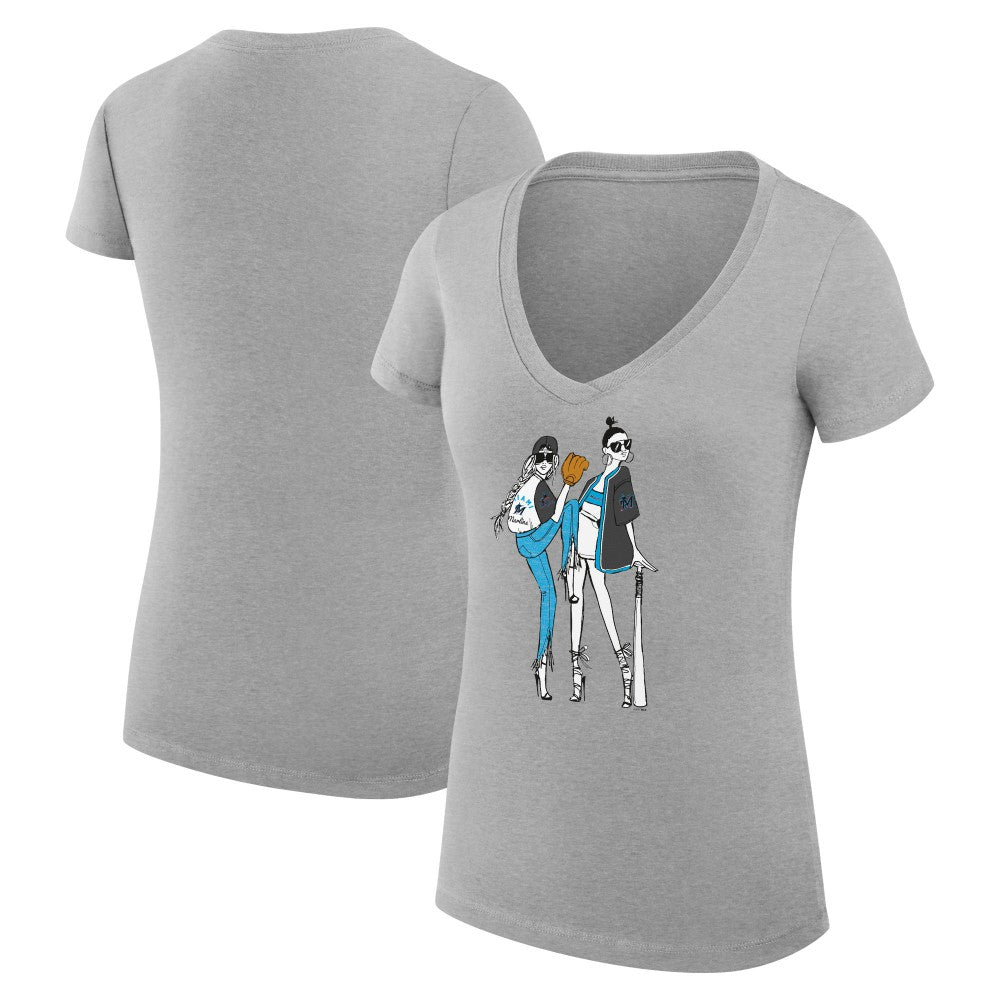 Heather Gray Miami Marlins G-III 4Her by Carl Banks Women's Super-Slim Fit Lightweight Baseball V-Neck T-Shirt