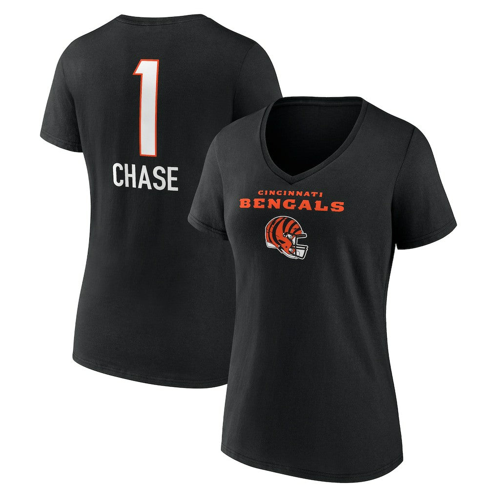 Ja'Marr Chase  Women's Team Wordmark Player Name & Number V-Neck T-Shirt - Cincinnati Bengals T-shirts