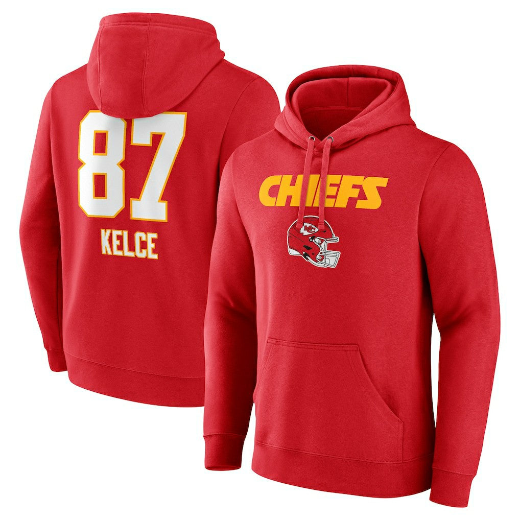 Travis Kelce  Team Wordmark Player Name & Number Pullover Hoodie - Kansas City Chiefs Hoodies