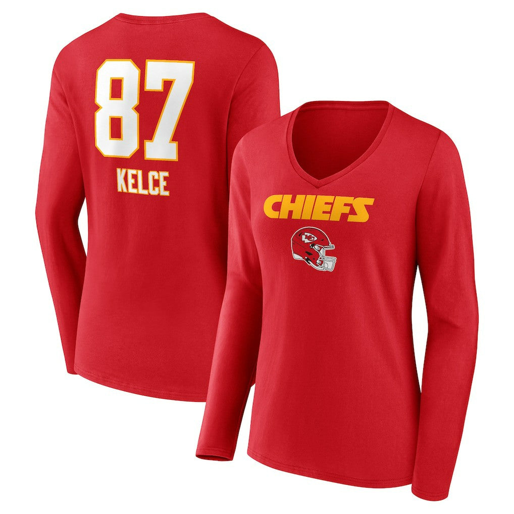 Travis Kelce  Women's Team Wordmark Player Name & Number Long Sleeve V-Neck T-Shirt - Kansas City Chiefs T-shirts