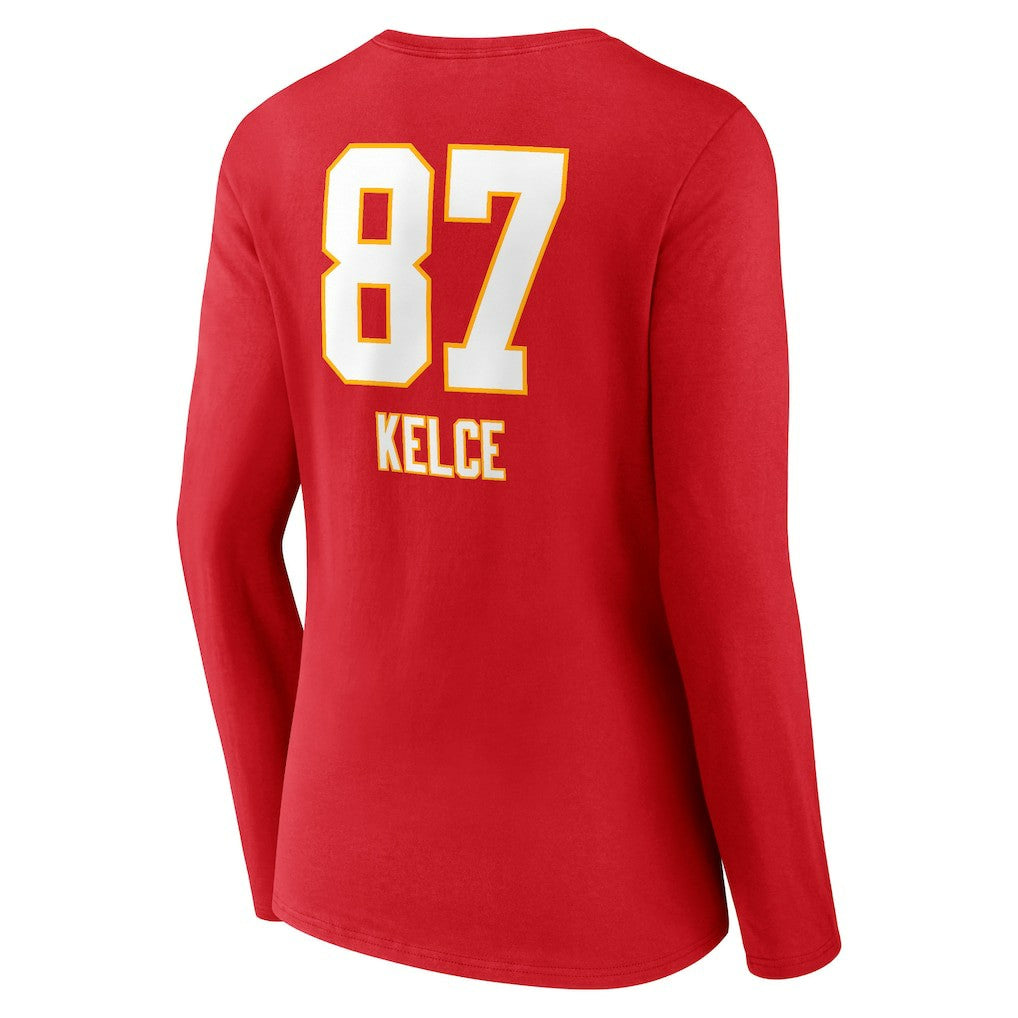 Travis Kelce  Women's Team Wordmark Player Name & Number Long Sleeve V-Neck T-Shirt - Kansas City Chiefs T-shirts
