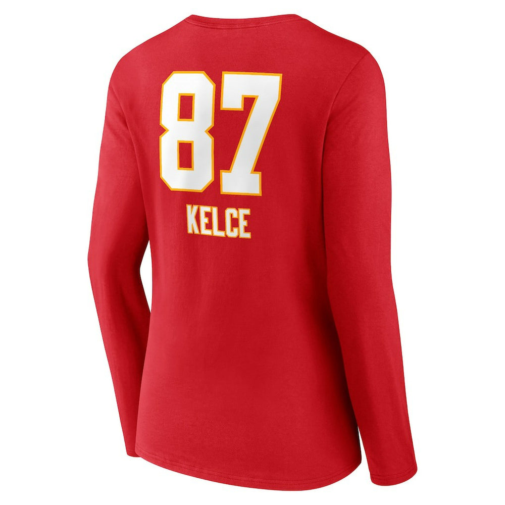 Travis Kelce  Women's Team Wordmark Player Name & Number Long Sleeve V-Neck T-Shirt - Kansas City Chiefs T-shirts