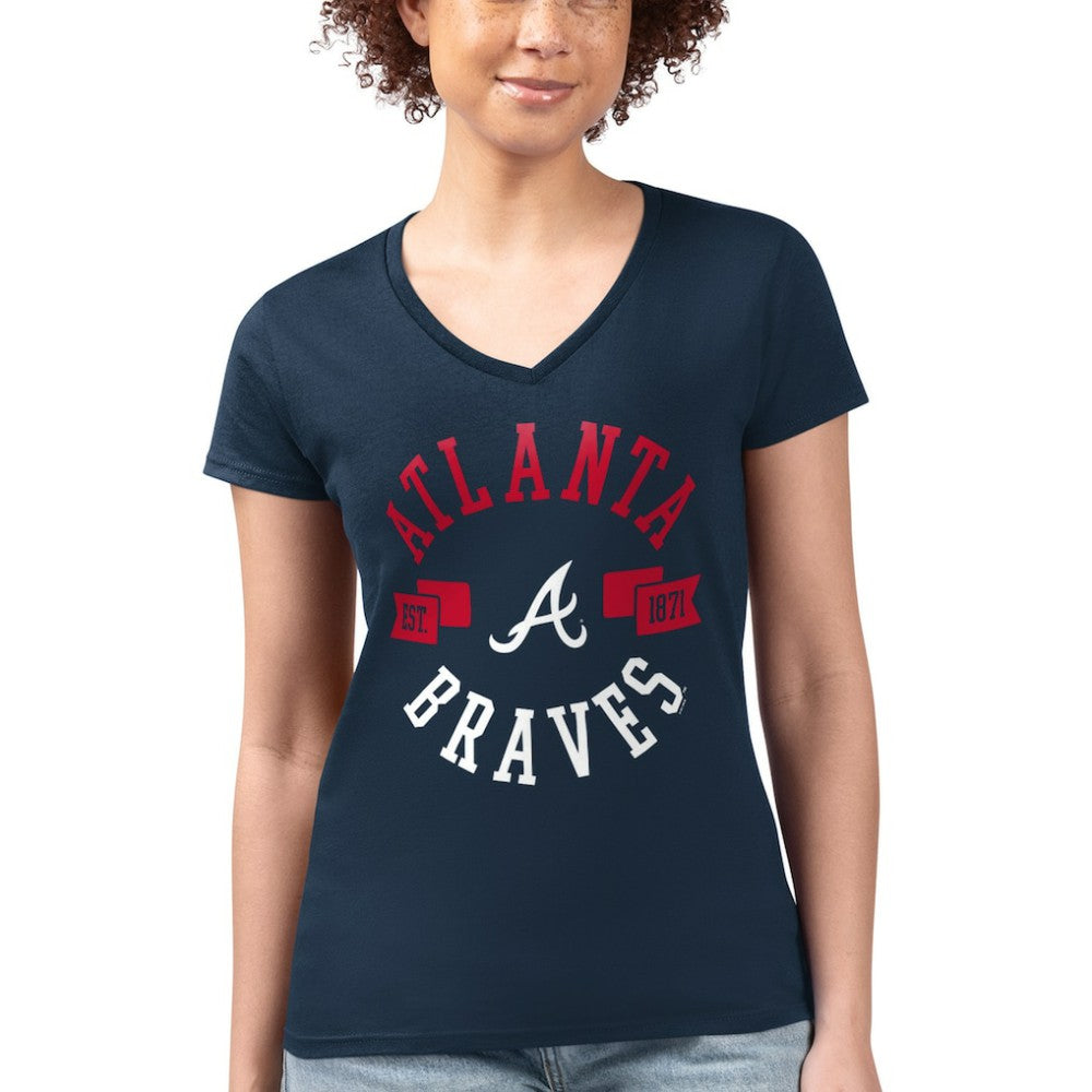 Navy Atlanta Braves G-III 4Her by Carl Banks Women's Super-Slim Fit Lightweight City Graphic V-Neck T-Shirt