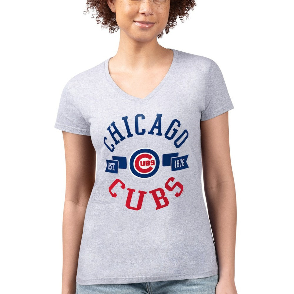 Heather Gray Chicago Cubs G-III 4Her by Carl Banks Women's Super-Slim Fit Lightweight City Graphic V-Neck T-Shirt