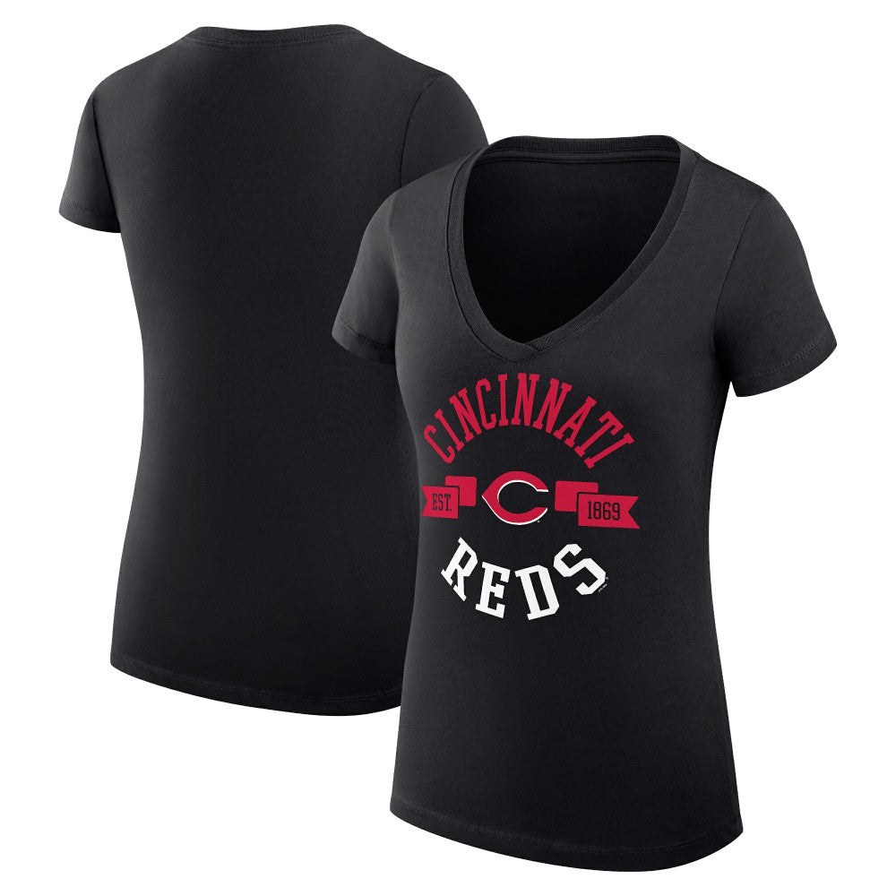 Black Cincinnati Reds G-III 4Her by Carl Banks Women's Super-Slim Fit Lightweight City Graphic V-Neck T-Shirt