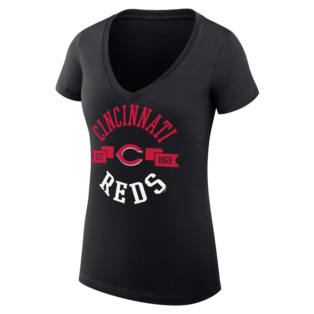 Black Cincinnati Reds G-III 4Her by Carl Banks Women's Super-Slim Fit Lightweight City Graphic V-Neck T-Shirt
