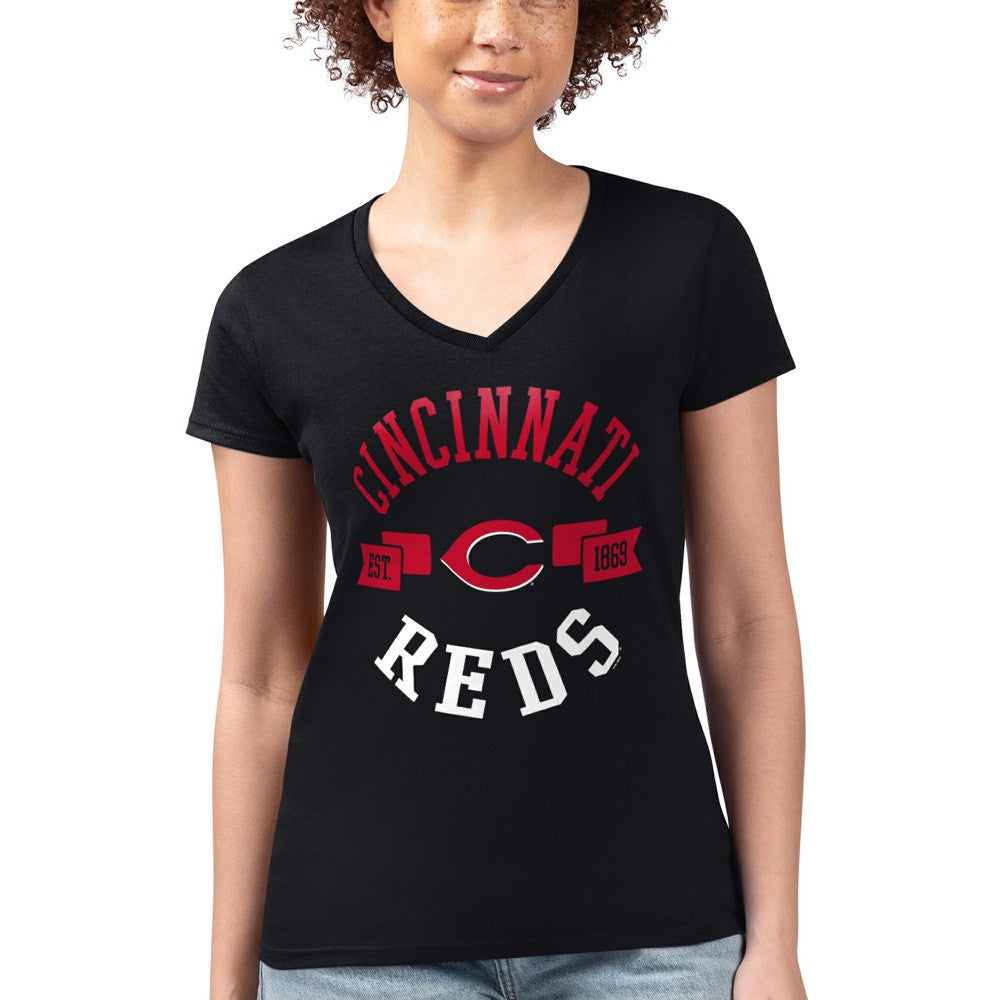 Black Cincinnati Reds G-III 4Her by Carl Banks Women's Super-Slim Fit Lightweight City Graphic V-Neck T-Shirt
