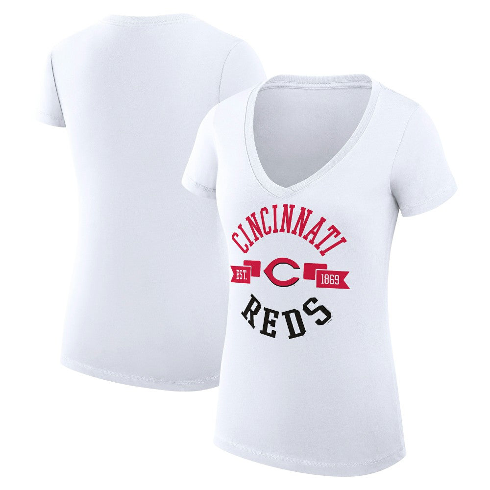 White Cincinnati Reds G-III 4Her by Carl Banks Women's Super-Slim Fit Lightweight City Graphic V-Neck T-Shirt