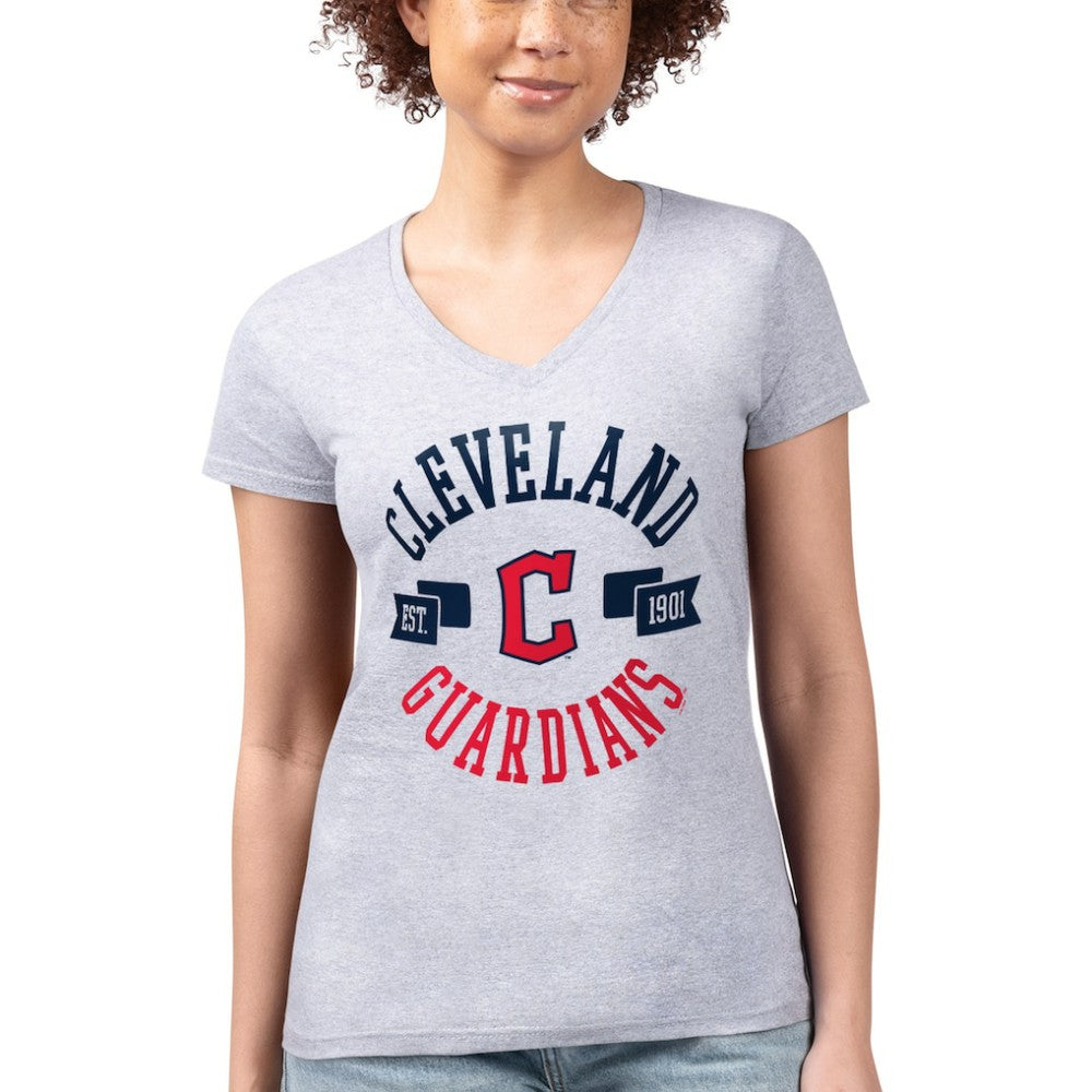 Heather Gray Cleveland Guardians G-III 4Her by Carl Banks Women's Super-Slim Fit Lightweight City Graphic V-Neck T-Shirt
