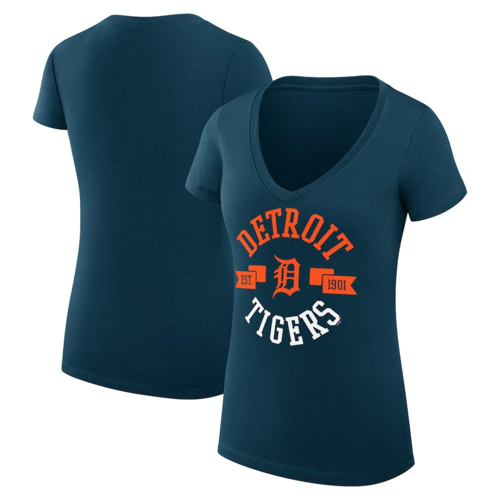 Navy Detroit Tigers G-III 4Her by Carl Banks Women's Super-Slim Fit Lightweight City Graphic V-Neck T-Shirt