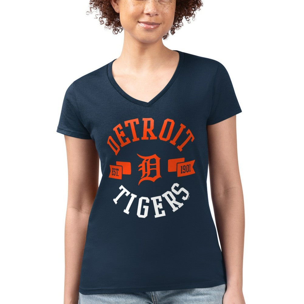 Navy Detroit Tigers G-III 4Her by Carl Banks Women's Super-Slim Fit Lightweight City Graphic V-Neck T-Shirt
