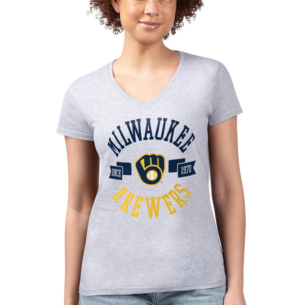 Heather Gray Milwaukee Brewers G-III 4Her by Carl Banks Women's Super-Slim Fit Lightweight City Graphic V-Neck T-Shirt