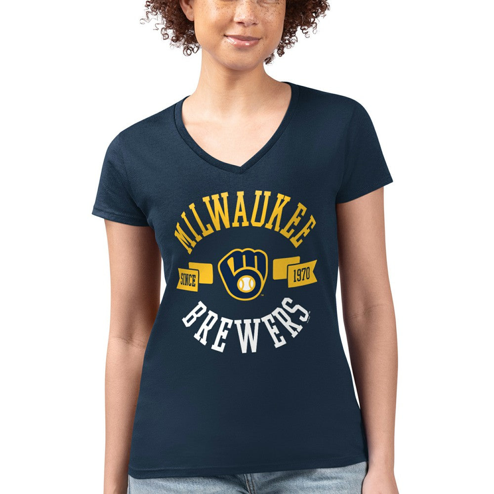Navy Milwaukee Brewers G-III 4Her by Carl Banks Women's Super-Slim Fit Lightweight City Graphic V-Neck T-Shirt