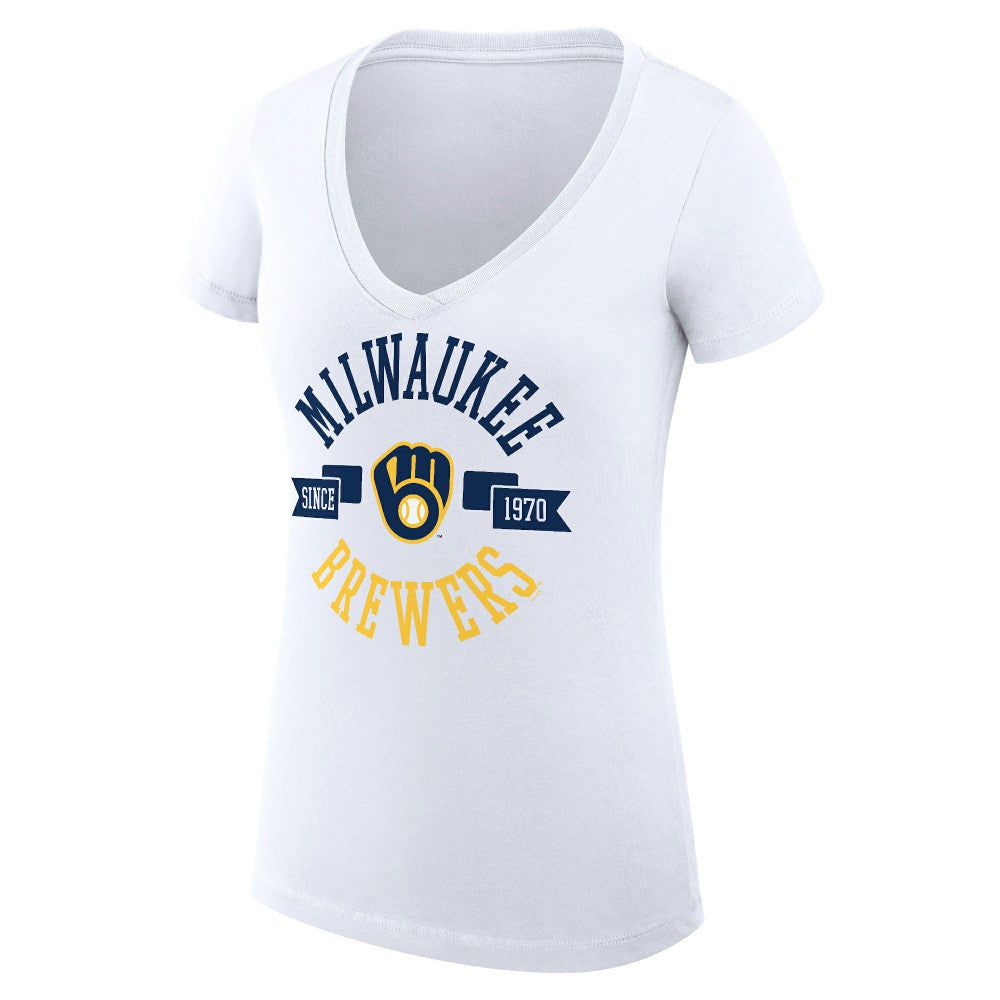 White Milwaukee Brewers G-III 4Her by Carl Banks Women's Super-Slim Fit Lightweight City Graphic V-Neck T-Shirt