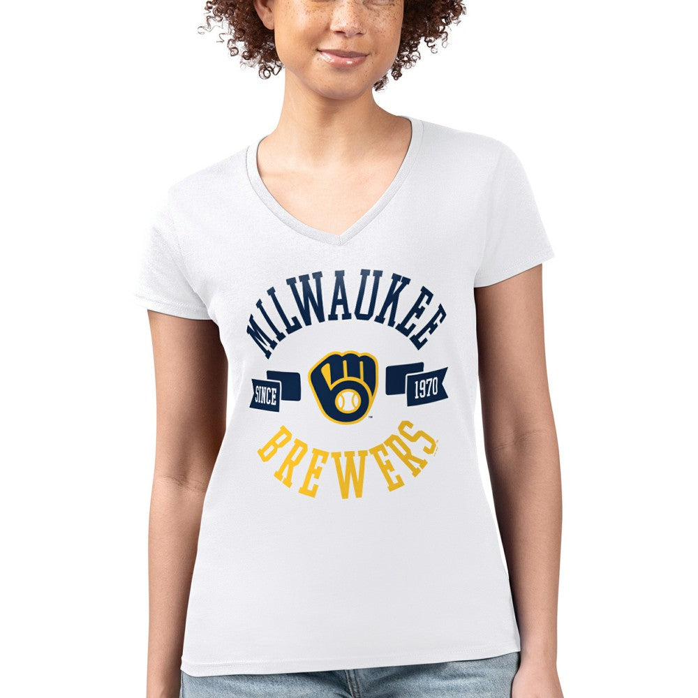 White Milwaukee Brewers G-III 4Her by Carl Banks Women's Super-Slim Fit Lightweight City Graphic V-Neck T-Shirt