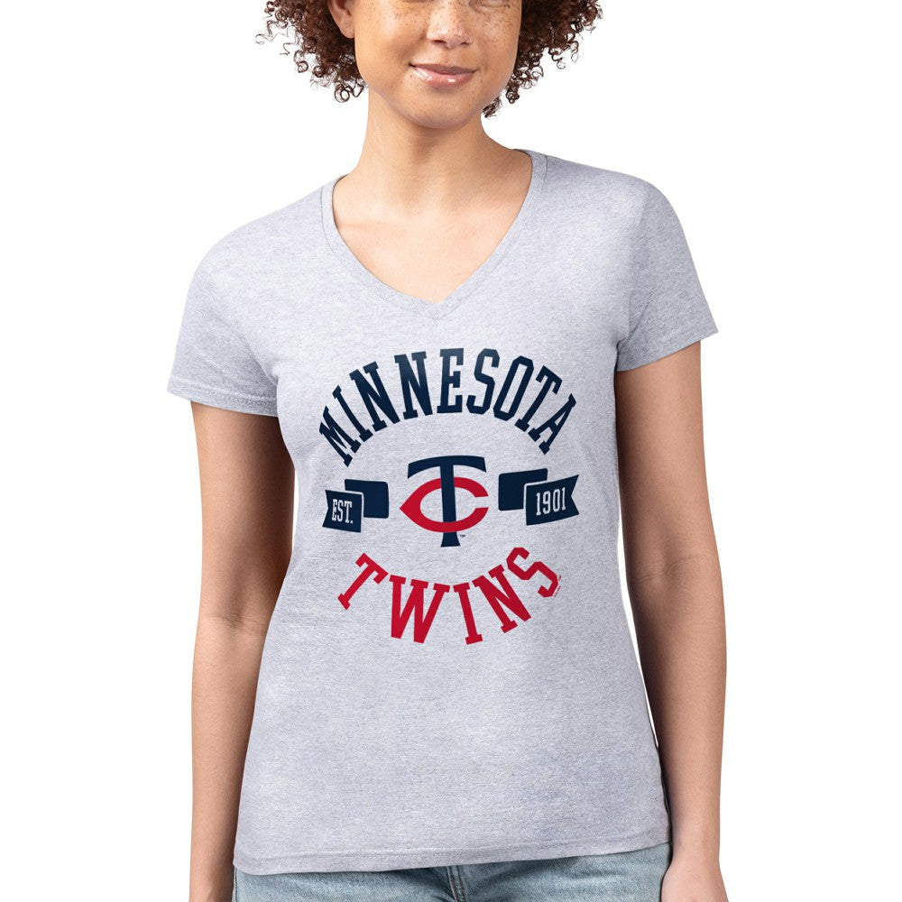 Heather Gray Minnesota Twins G-III 4Her by Carl Banks Women's Super-Slim Fit Lightweight City Graphic V-Neck T-Shirt