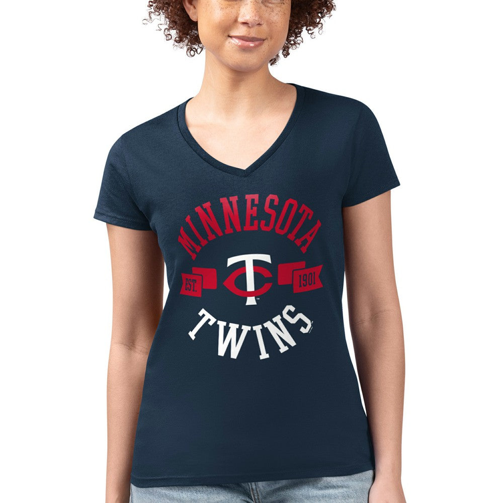 Navy Minnesota Twins G-III 4Her by Carl Banks Women's Super-Slim Fit Lightweight City Graphic V-Neck T-Shirt