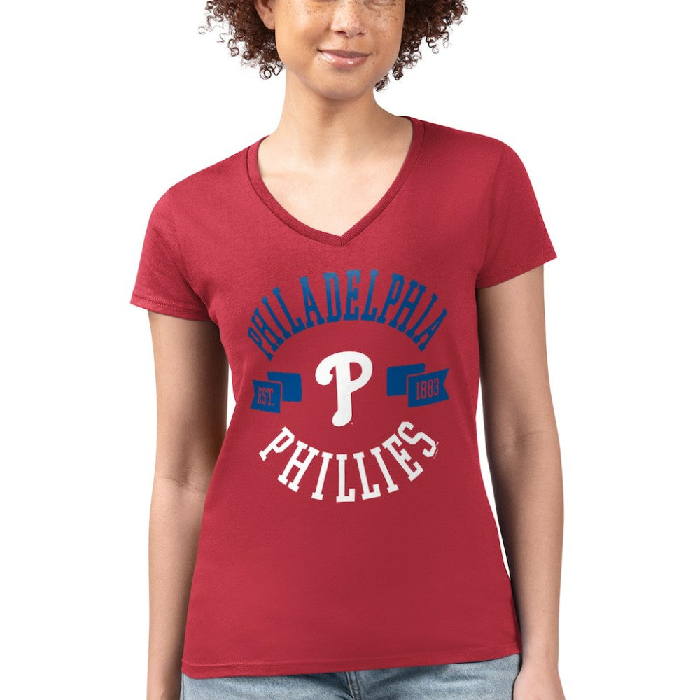 Red Philadelphia Phillies G-III 4Her by Carl Banks Women's Super-Slim Fit Lightweight City Graphic V-Neck T-Shirt