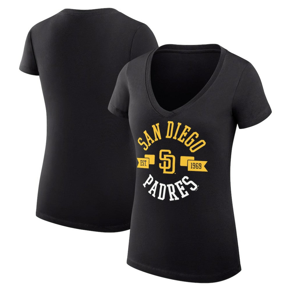 Black San Diego Padres G-III 4Her by Carl Banks Women's Super-Slim Fit Lightweight City Graphic V-Neck T-Shirt