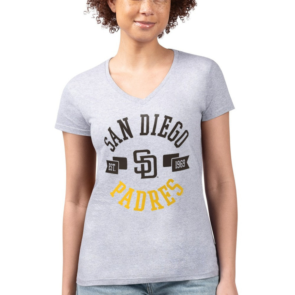 Heather Gray San Diego Padres G-III 4Her by Carl Banks Women's Super-Slim Fit Lightweight City Graphic V-Neck T-Shirt