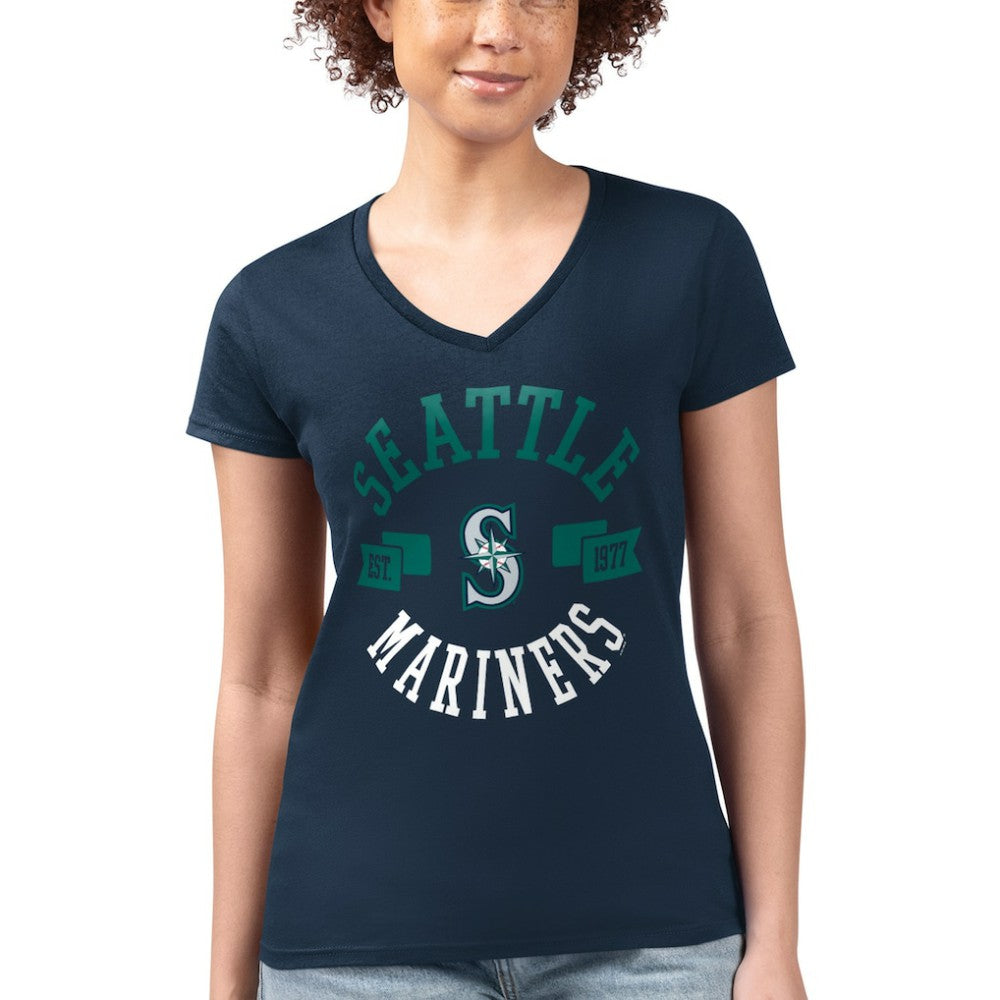Navy Seattle Mariners G-III 4Her by Carl Banks Women's Super-Slim Fit Lightweight City Graphic V-Neck T-Shirt