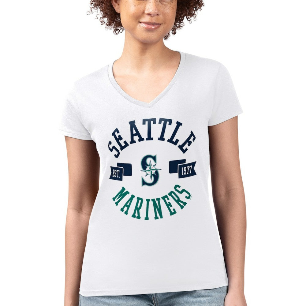 White Seattle Mariners G-III 4Her by Carl Banks Women's Super-Slim Fit Lightweight City Graphic V-Neck T-Shirt