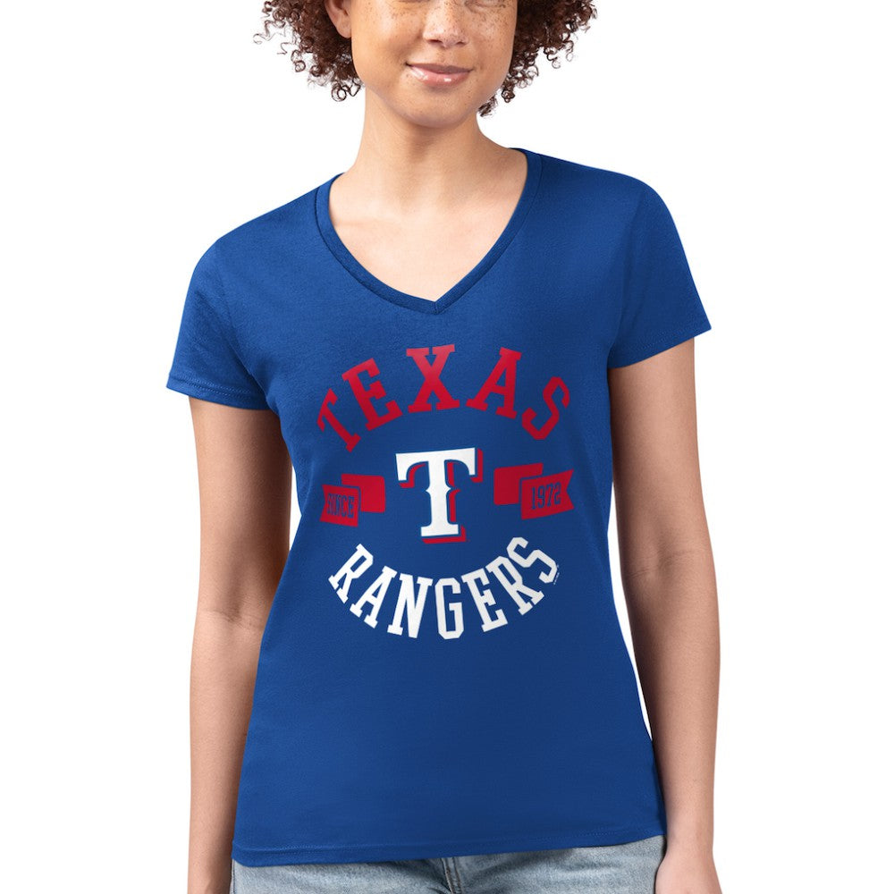 Royal Texas Rangers G-III 4Her by Carl Banks Women's Super-Slim Fit Lightweight City Graphic V-Neck T-Shirt