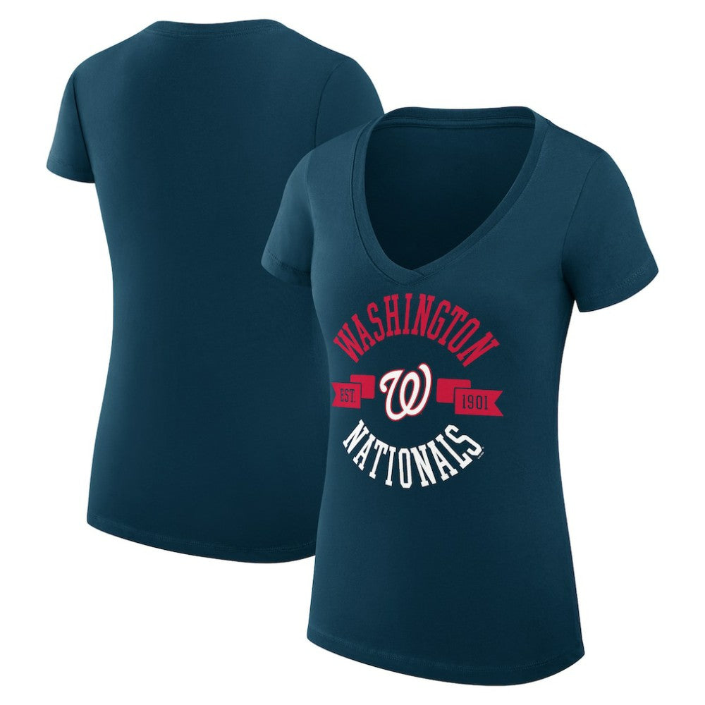 Navy Washington Nationals G-III 4Her by Carl Banks Women's Super-Slim Fit Lightweight City Graphic V-Neck T-Shirt
