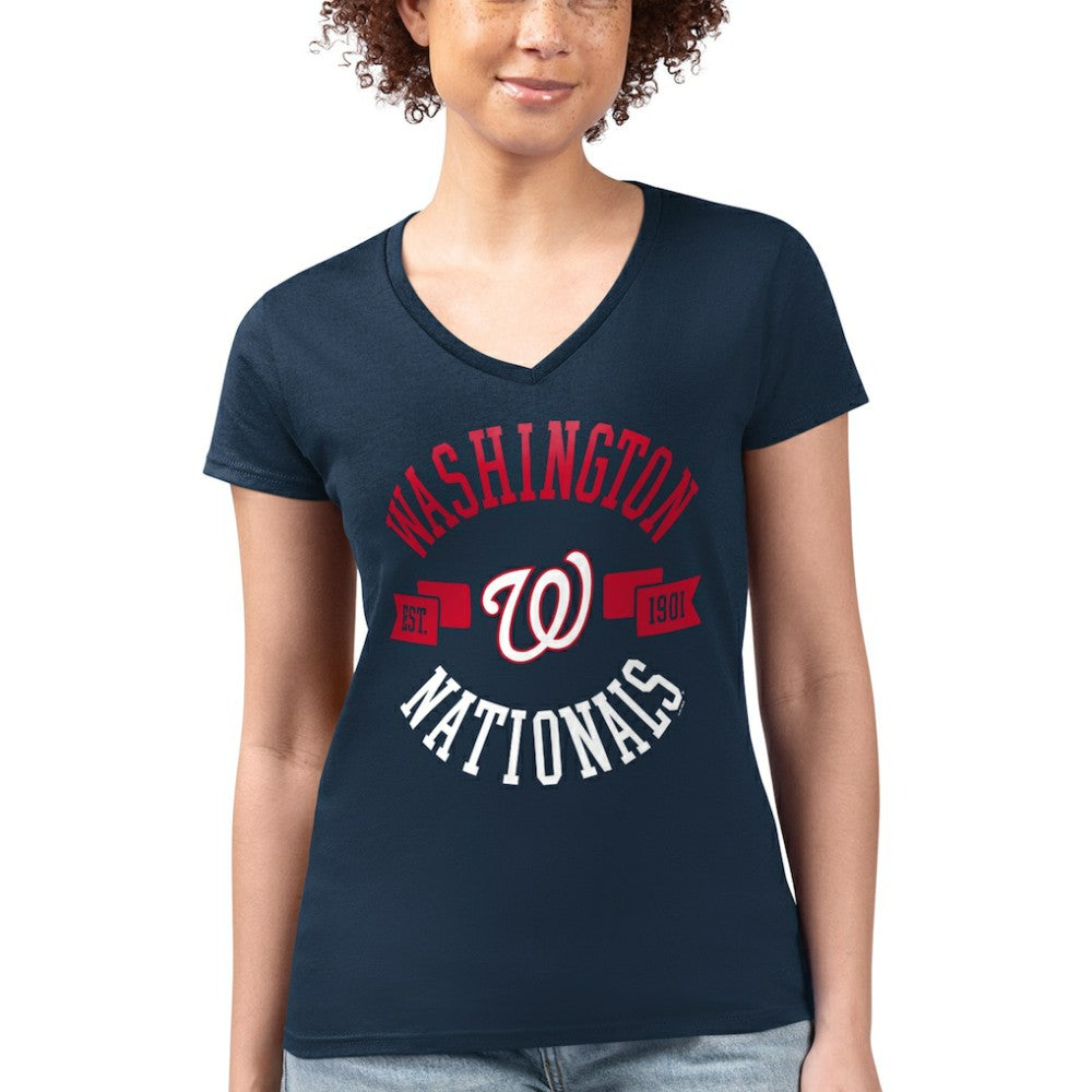 Navy Washington Nationals G-III 4Her by Carl Banks Women's Super-Slim Fit Lightweight City Graphic V-Neck T-Shirt