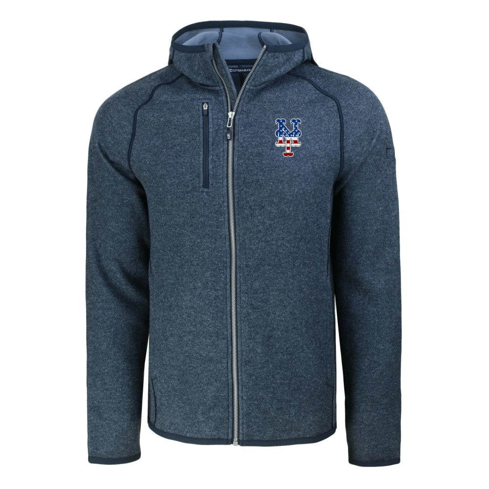 Heather Navy New York Mets Cutter & Buck Stars & Stripes Mainsail Sweater-Knit Full-Zip Hoodie