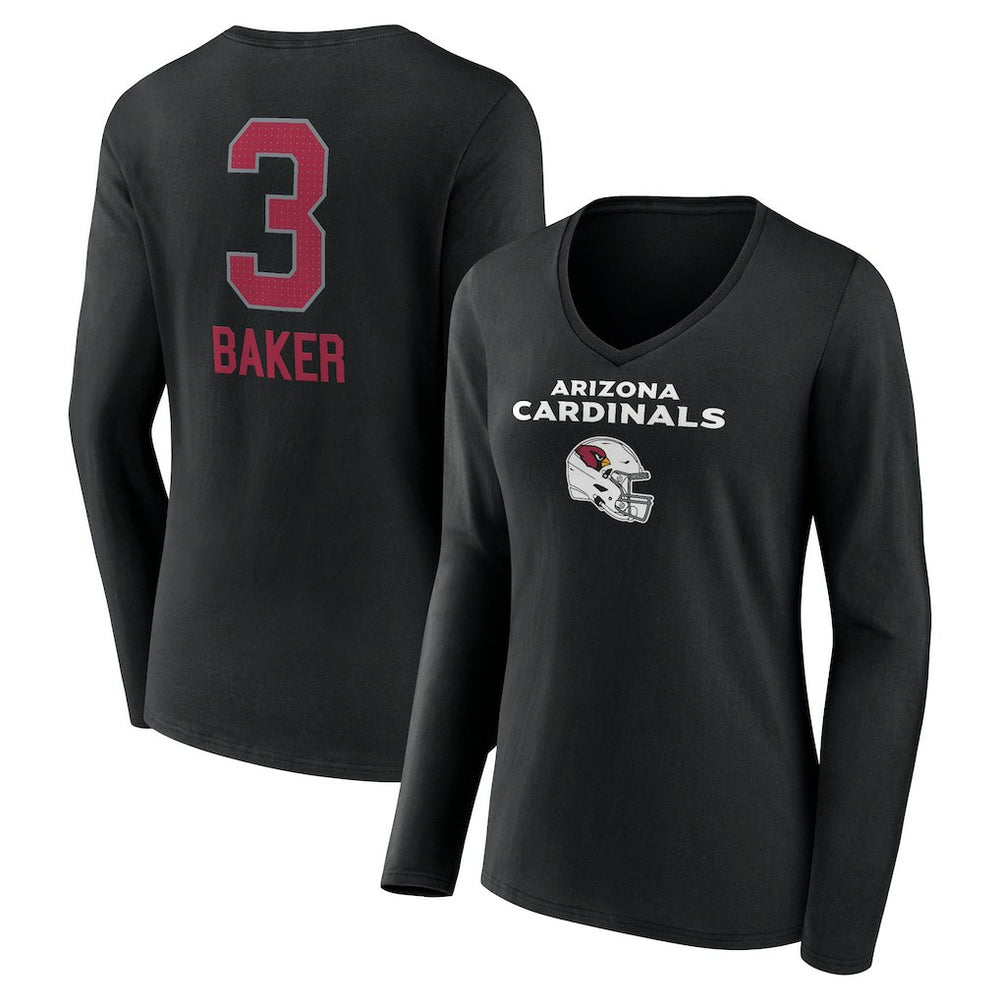 Budda Baker  Women's Team Wordmark Player Name & Number Long Sleeve V-Neck T-Shirt - Arizona Cardinals T-shirts